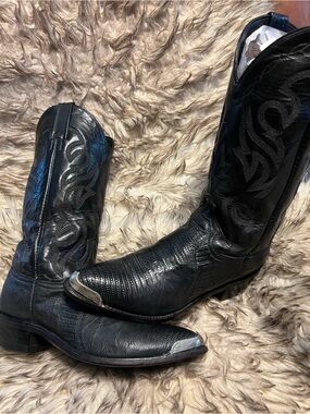 Dan Post Men Lizard & Leather Black Western  Boots with Silver Toe Caps Sz 9 D